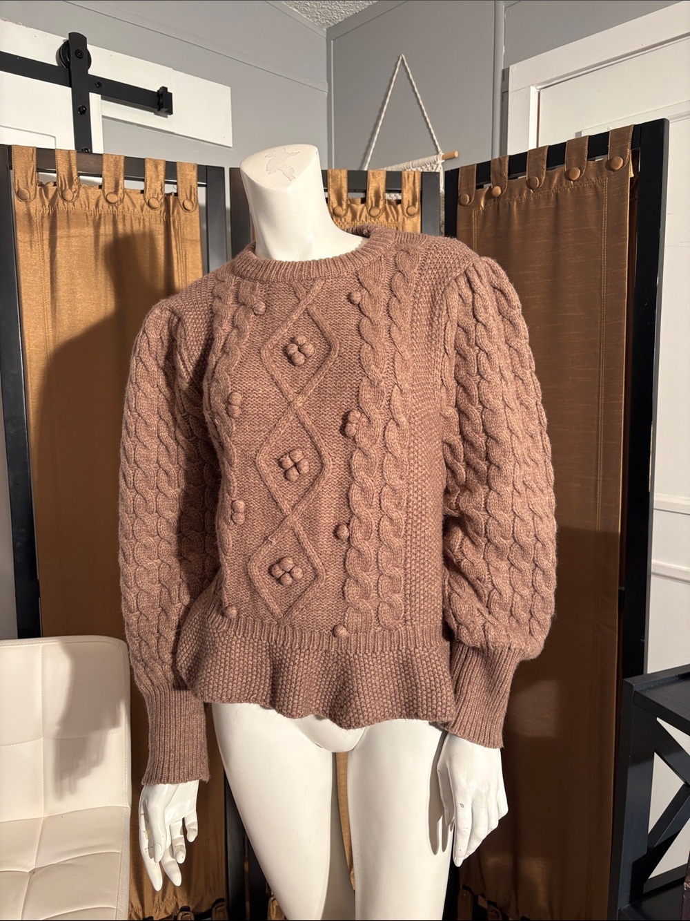 Women's Cable Knit Puff Sleeve Sweater - Brown.